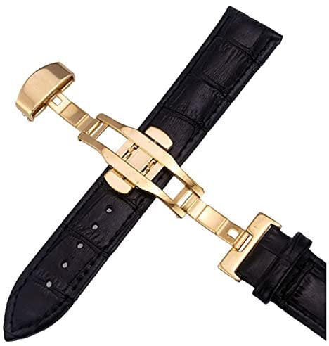 Lederband mit Faltschließe 14-24mm Uhrenarmband Leder, Gold Schwarz, 20mm