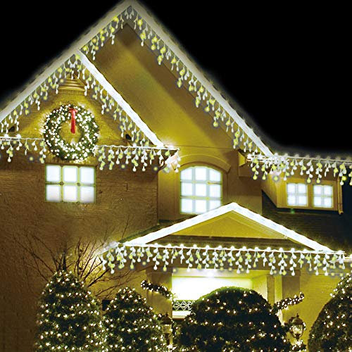 AMOS 200 Super Bright LED 3.9m Icicle Snowing Effect Battery Operated Fairy Lights with 8 Functions and Timer for Indoor Outdoor Christmas Tree House Garden Decoration (Cool White & Warm White)