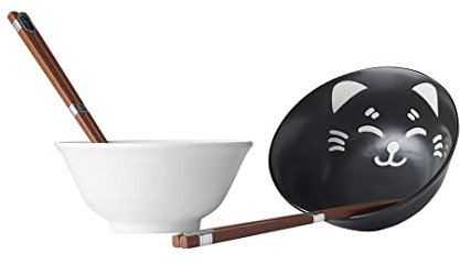 MIJ Europe - Juego de cuencos de cerámica japonesa, diseño de gato, color blanco y negro, 15 cm de diámetro, 400 ml, 4 piezas, 2 pares de palillos, 1 par de cuencos, juego de vajilla para 2 personas