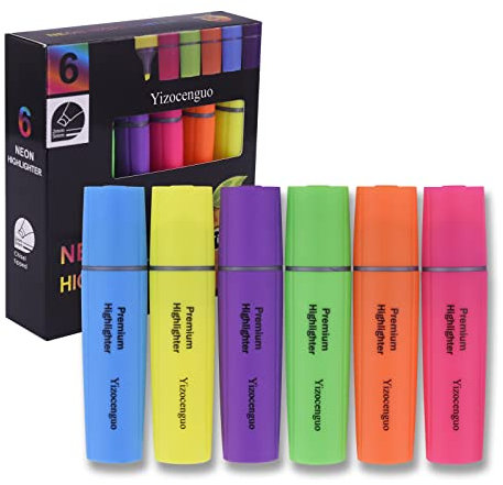 YIZOCENGUO Textmarker, Neon Textmarker, Markierungsstift mit Meißelspitze, für Erwachsene, Kinder, Schüler, Büro, Schulbedarf - 6 verschiedenen Farben (6-Neon)