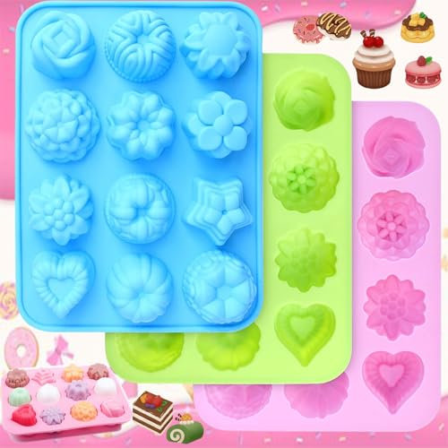Brateuanoii 3 Piezas Flower Silicone Mold, Molde Estrellas Silicona, Moldes De Silicona Antiadherente De Grado Alimenticio, 12 Cavidades, Para Chocolates, Caramelos, Gelatinas y Bombas De Baño