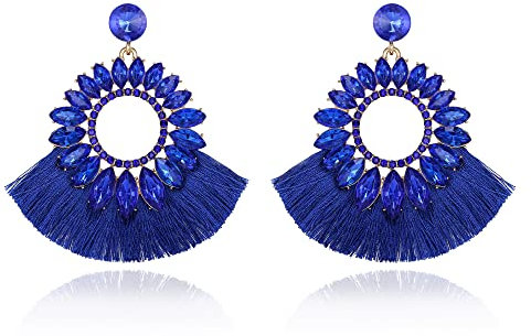 EVER FAITH Pendientes Abanicos con Borla para Mujer Niña Brillante Cristal Declaración Bohemia Aretes Colgantes de Flecos para Boda Navidad Día de San Valentín Azul Tono Dorado