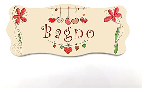 Targa per porta in legno stile shabby chic, per decorare le porte interne di casa. La targhetta misura cm 9x21 spessore 7 millimetri, con biadesivo (Bordo panna) (Bagno)