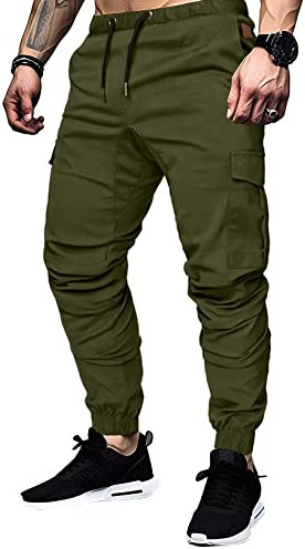 Elegancity Grüne Cargohose Herren Chino Hose mit 6 Taschen Cargo Hose Stretch Jogginghose für Männer mit Bundgummi Elastische Hosen M