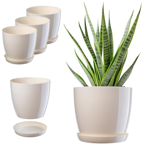KADAX Blumentopf, Pflanzkübel-Set mit Untersetzer, Blumenkübel aus Kunststoff, runder Pflanztopf für Innenbereich, Übertopf für Blumen und Zimmerpflanzen, Kräutertopf (Set of 3 – 23cm, Ecru)