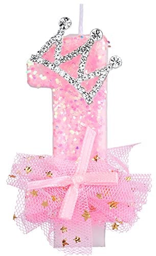 LUTER Birthday Number Candles, 2.95 Inch Crown Bow Mesh Candle Glitter Pink Number Candles Cake Topper Birthday Candles with Sequins for Anniversary Celebrations Supplies (Number 1) (A24208-17)