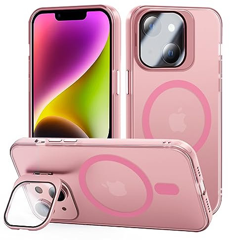 Tigratigro Cover con Cavalletto,Compatibile con iPhone 13/14,Protezione Fotocamera H9 vetro temperato,Custodia Posteriore Glassata Traslucida, Anti-Impronte,Sensazione di Velluto (Sakura Pink)