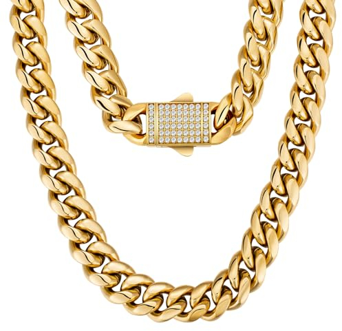 KRKC&CO 12mm Herren Panzerkette mit Iced Out Verschluss, 18K Gold plattiert Cuban Link Chain, Edelstahl Miami Kubanische Gliederkette Goldkette, Hip Hop Halskette für Männer Jungen [Größe 55,9cm]