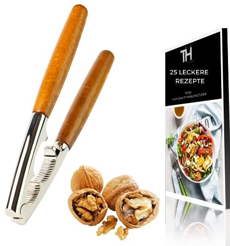 Thiru Nussknacker mit edlem Holzgriff - Ideal für Walnüsse, Haselnüsse, Paranüsse - Knacken ohne Kernzerquetschung - inkl. E-Book mit Rezepten - Made in Germany (Premium)