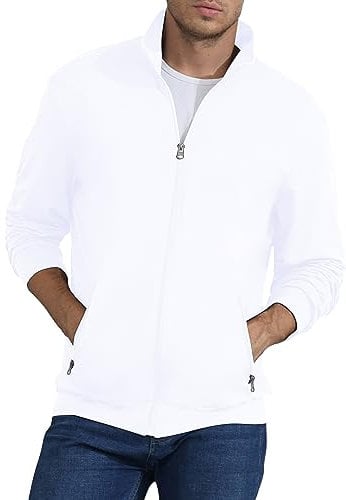 Mens Sweatshirt Full Zip Active Stretchable Jacket Lightweight Long Sleeve Jacket White 3XL