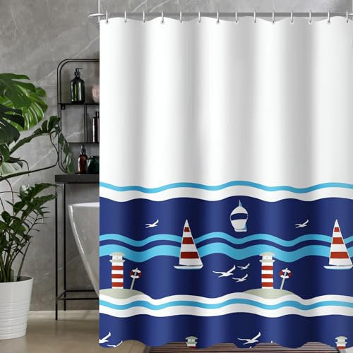 Lerores Rideau de douche, 100 x 200 cm, bleu, ourlet lesté, anti-moisissure, imperméable, lavable, en tissu polyester, avec œillets et 6 anneaux de rideau de douche, pour salle de bain, baignoire