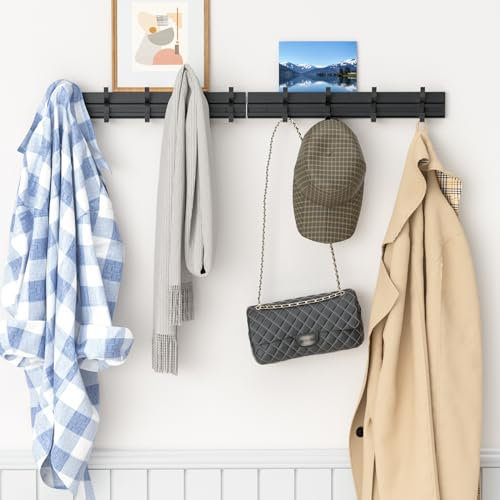 CLESOO Patère Murale avec 9 Crochets Doubles sur Rail, Crochet Porte Manteau Robuste et Réglable, Porte Manteau Mural, Porte-chapeau de Grande Capacité pour Manteau, Écharpe, Sac, Serviette, Clé