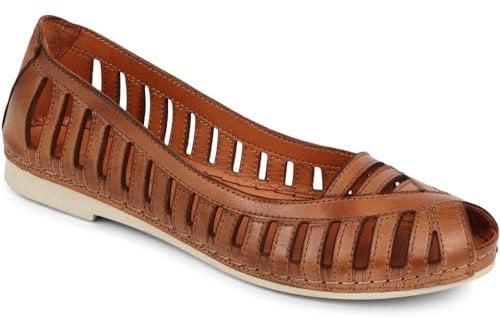 Pavers Women's Open Toe Ballet Flats in Tan Leather - Wide Fit Casual Shoes with Cut Out Details - Comfort Ladies Pump Footwear - Size UK 6 / EU 39