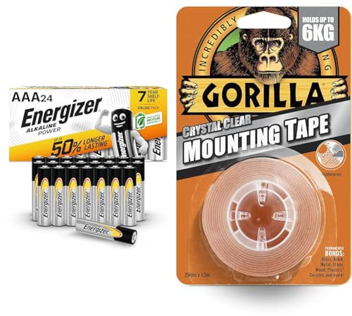 Energizer AAA Batteries, Alkaline Power, 24 Pack, Triple A Battery Pack - Amazon Exclusive (Packaging may vary) & Gorilla Double Sided Mounting Tape Clear 1.5m, Pack of 1