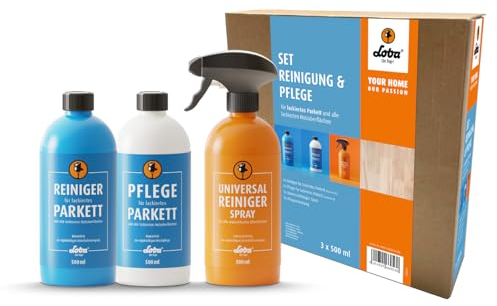 LOBA Reinigungs- und Pflegeset für lackiertes Parkett | | Set mit Holz-Reiniger, Pflege & Universalreiniger | pH-Neutral & Schlierenfrei | Pflege für Parkett-Boden, Laminat & Holz-Boden