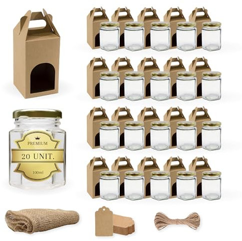Espirito Rebelde 20 kleine sechseckige Honiggläser mit Deckel 100 ml + Box + Jutetuch + Kraftetiketten + Juteschnur | ideal für die Aufbewahrung von Honig