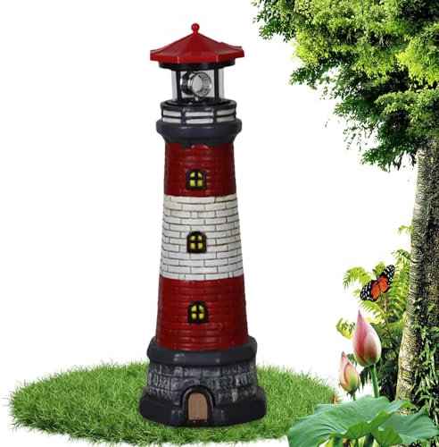 Teksome Solar Leuchtturm Außen, LED Outdoor Harz Statue Solar Leuchtturm Rasen Hof Ornament Wetterfest mit Drehbaren Lichtern für Garten, Hof, Terrasse