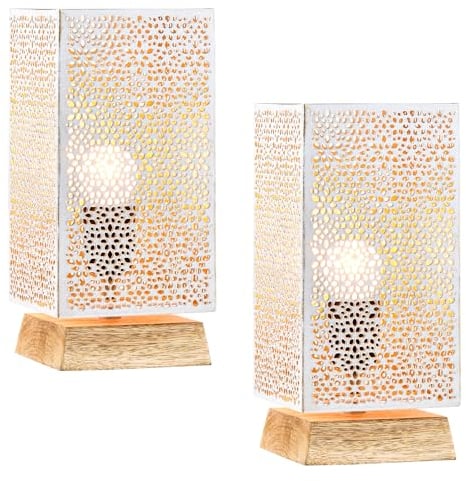 Marrakesch 2er Set Tischlampe Nachttischlampe 25cm groß | Boho Deko Lampe im Wohnzimmer Schlafzimmer oder Kinderzimmer | Moderne Tischleuchte Autigan weiß aus Metall & Holz mit E27 Fassung