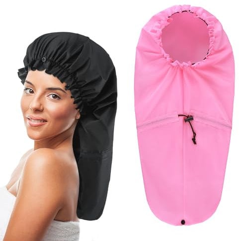 2 Pcs Large Shower Cap for Braids, Extra Long Shower Cap for Women Long Hair & Locs, Waterproof Hair Bonnets for Dreadlocks Drawstring Bath Caps for Women & Men (Black, Pink)