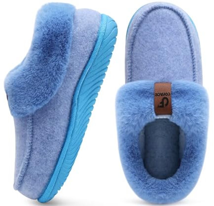 COFACE Hausschuhe Damen Kuschel Geschlossen Winter Pantoffeln Frauen Warme Flauschige Plüsch Filzhausschuhe Fell Gefütterte Hüttenschuhe Rutschfest Feste Sohle Hause Filzpantoffeln Blau 38
