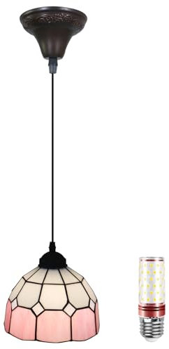 Uziqueif Lampe Suspendue Tiffany, Lampes suspendues Vintage de 8 Pouces, plafonnier pour Salle à Manger, Salon ou Cuisine, Chambre à Coucher, Hauteur réglable, LED, Abat-Jour en Verre,Rose