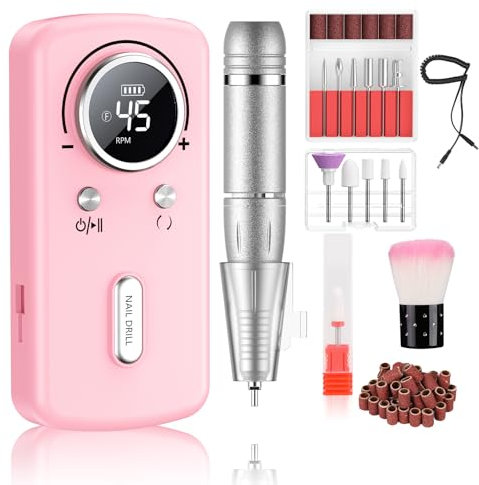 PKBD 45000RPM Professional Portable Nail Drill Machine for Acrylic and Gel Nails, Rechargeable Electric Nail Files Set with 11 bits and LCD Display for Salon,Home and DIY, Pink