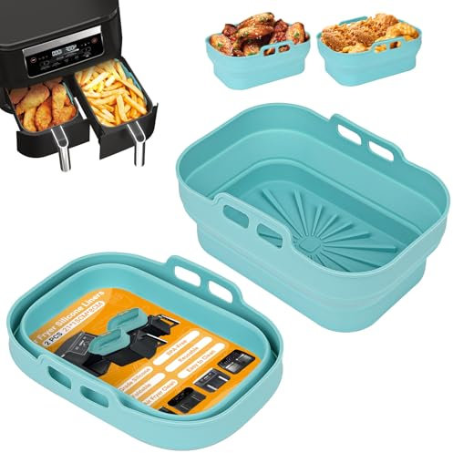 Alyvisun Teglia per Friggitrice ad Aria, 2 Pezzi Stampi Silicone Air Fryer Riutilizzabile Contenitore Teglie Friggitrice Aria Contenitori Cestello Vaschette per Airfryer, Forno, Microonde (Blu)