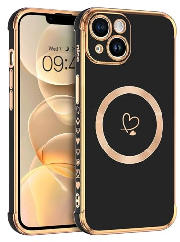 Telaso Magnetische Hülle für iPhone 13, Handyhülle für iPhone 13 Niedliches Herz Muster [ Kompatibel mit MagSafe ] Weiche Plattierung Abdeckung für Frauen, Schutz der Kamera, Schwarz