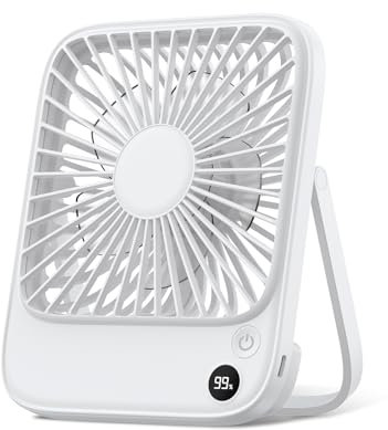 TOPK 5000mAh Portable Desk Fan Rechargeable, Ultra-thin Strong Wind Digital Display 4 Speeds Adjustable Small Silent Battery Powered Personal Fan for Bedroom,Office,Travel,Library,Outdoor