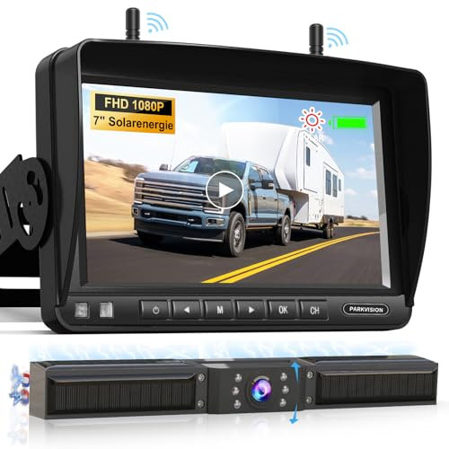 PARKVISION Solarbetriebene Rückfahrkamera Kabellos, Magnetische 1080P Funk Rückfahrkamera mit 7 Zoll Monitor 10000 mAh Akku, Wiederaufladbar und Kein Bohren, perfekt für Wohnmobile