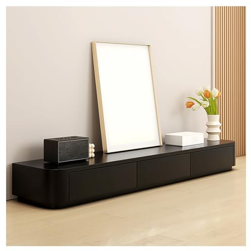 Mueble de TV con cajones de almacenamiento y parte trasera hueca – Centro de entretenimiento moderno para sala de estar, dormitorio, mesa de TV de madera negra, armario de TV de pie (220 x 24 x 25 cm)