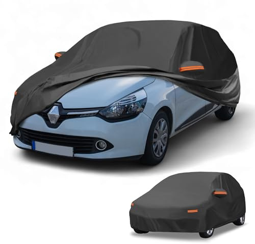 Partuto Housse De Voiture Imperméable Anti-UV pour Renault Clio 20-25 | Noir, 190T-PU, 410x180x135cm, Protection Solaire Anti-Uv, Avec Fermeture Éclair, Bande Réfléchissante, Corde Élastique