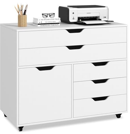 COSTWAY Rollcontainer mit 5 Schubladen, mobiler Aktenschrank mit Tür, Arbeitsplatte & Rollen, Rollwagen Schubladenschrank modern für Büro Wohnzimmer, 79 x 39 x 65cm