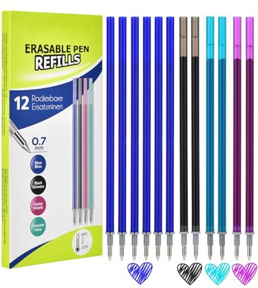 DealKits 12x Radierbarer Ersatzminen Kompatibel mit Legami - 6 Blau, 2 Schwarz, 2 Violett, 2 Türkis, Nachfüllminen, Einfach zu Radieren, Stiftspitze 0,7mm, Höhe 13 cm, Gelschreibermine Radierbar