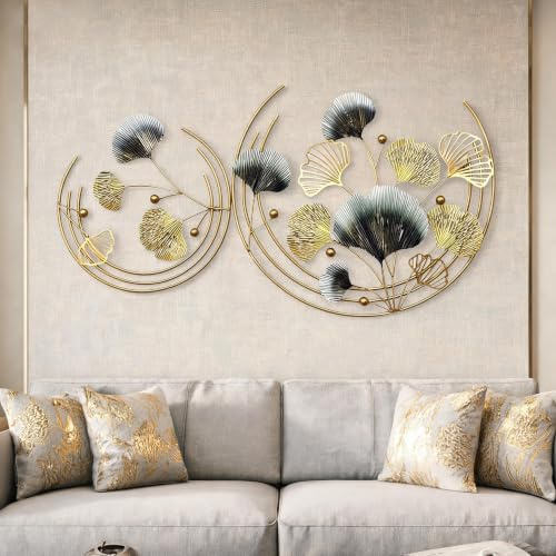 Wanddeko Wohnzimmer, 110 x 66cm 3D Wanddekoration Wohnzimmer Ginkgoblatt Wall Wanddekoration Blumen Wandskulpturen Metall Wanddeko Hängende Deko Sofa Hintergrund Büro Wandornamente Wandskulpturen