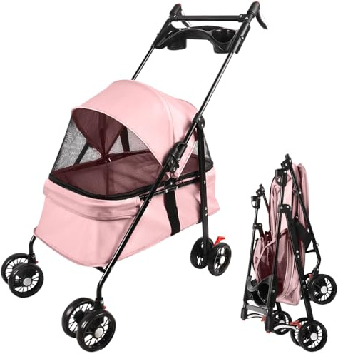 OHMG 3 in 1 Kinderwagen für Hunde und Katzen, Haustiere, faltbar, mit 4 EVA-Rädern, Lenker, 3 Fenster aus Netz, Getränkehalter, für kleine und ältere Hunde, Trolley für Behinderte