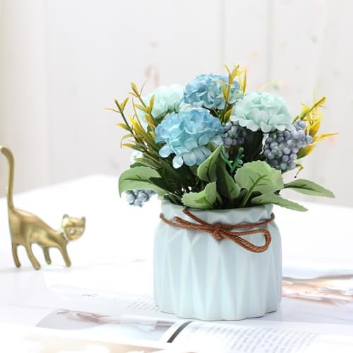 AQCQDQ Topf Mini Fake Hortensien Blumen, Mini Künstlich Hortensien Künstliche Blumen mit Vase, Künstliche Deko Hortensie blühend im Topf für Tischdeko Wohnzimmer Zuhause Dekoration (Blau)