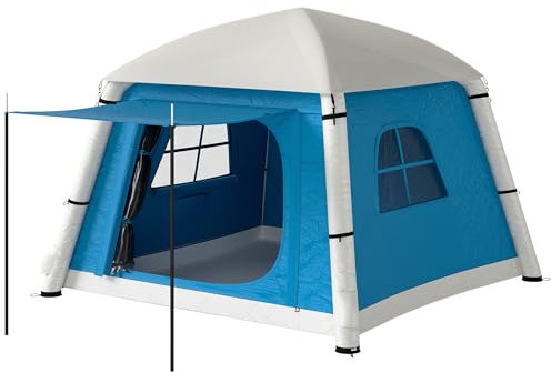 Outsunny Inflatable Camping Tent w/Hand Pump, Easy Setup 1/2 Person Blow Up Tent Waterproof 190T Taffeta w/Mesh Windows, Doors and Carry Bag, Light Blue