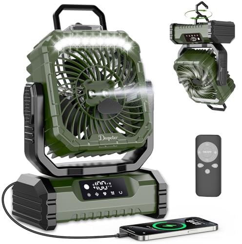 Ventilateur de Camping 20000mAh USB Rechargeable avec Lumière LED, Ventilateur Portable à 5 Vitesses avec Télécommande, Crochet et Minuterie pour Chambre, Bureau, Tente, Plage, Vacances - Vert