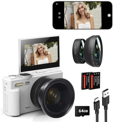 Fotocamera digitale 5K 75MP Zoom digitale 18X, telecamere Vlogging aggiornate con WiFi e microfono, obiettivo grandangolare e macro, 3 pollici 180 ° Flip Screen Webcam da viaggio per adolescenti