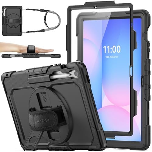 SEYMAC stock Custodia per Samsung Galaxy Tab S10 FE Plus / S10 FE+ 13.1'' 2025, Custodia Antiurto Tab S10 FE+ con Proteggi Schermo/Porta Penna/Cinturino da Polso Girevole 360 e Supporto, Nero
