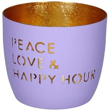 Gift Company Madras, Windlicht, M, Motiv: Peace, Love & Happy Hour, lila/Gold H8,5, D10cm