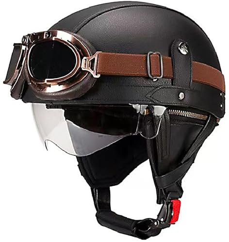 Retro Halbschalenhelm Leder mit Brille, DOT/ECE | Motorrad Halbhelm mit DOT/ECE Zulassung, Schnellverschluss Schnalle, Erwachsene Halbschale Jet-Helm für Cruiser, Scooter