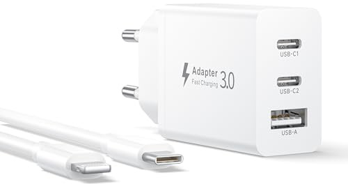30W USB C Ladegerät mit Lightning Kabel 2M, 3 Port Mehrfachstecker USB C Netzteil Stecker Schnellladestecker Ladeadapter Netzstecker USB Charger für iPhone 14 13 12 11 Pro Max Mini XS XR SE 8Plus iPad
