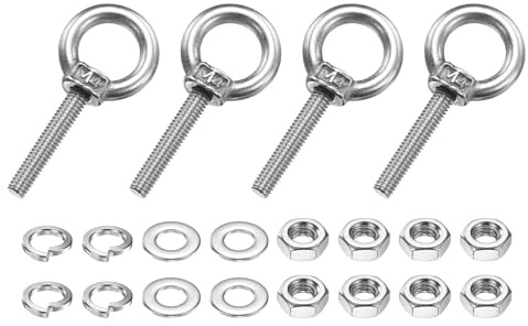 PATIKIL M4 x 20mm Eye Bolt, 4 Pcs 304 Stainless Steel Thread Lifting Ring Set Shoulder Eyebolt with Lock Nuts Flat Washers for Hanging Hammocks Articles, Silver