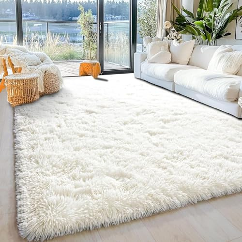 Waschbarer Teppich Wohnzimmer 200 x 180 cm Fellteppich Kunstfell Plüsch Shaggy Weich Fellimitat Shaggy Hochflor Teppich Läufer Flur für Schlafzimmer Büro Bereich Dekor, Weiß