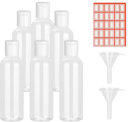 MeiLang 6PCS 100ml Travel Bottles for Toiletries Refillable Empty Plastic Bottles Leak Proof Toiletry Containers with 2 Funnels 1 Label for School Travel or Cosmetic