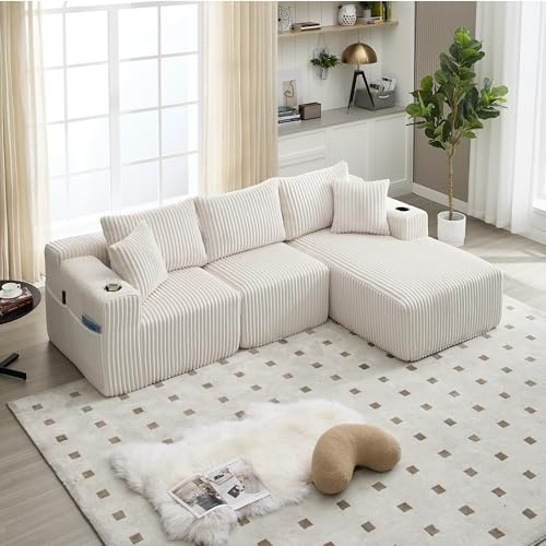 Ball & Cast L-förmiges Eckcouch mit Schlaffunktion, 3-Sitzer Sofa mit 2 Getränkehalter aus Cordbezug für das Wohnzimmer Wohnung Studio, 257 x 62 x 160 (BxHxT), Beige