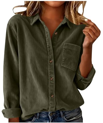 Generisch Bluse Damen Cord Einfarbig Langarm Top mit Knöpfen und Brusttasche Oberteile Frauen Kleidung für Alltag Büro Freizeit Reisen Frühling Herbst Casual