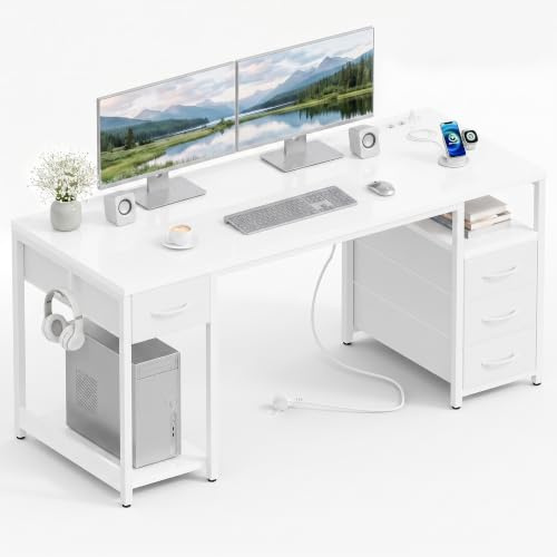 YOUDENOVA Schreibtisch mit 4 Schubladen, Computertisch 140cm mit Steckdosen und USB A/C, CPU-Ständer, Ablagefach, Stabiler Bürotisch PC Tisch Officetisch Für Büro Wohnzimmer Home Office Gaming Weiß